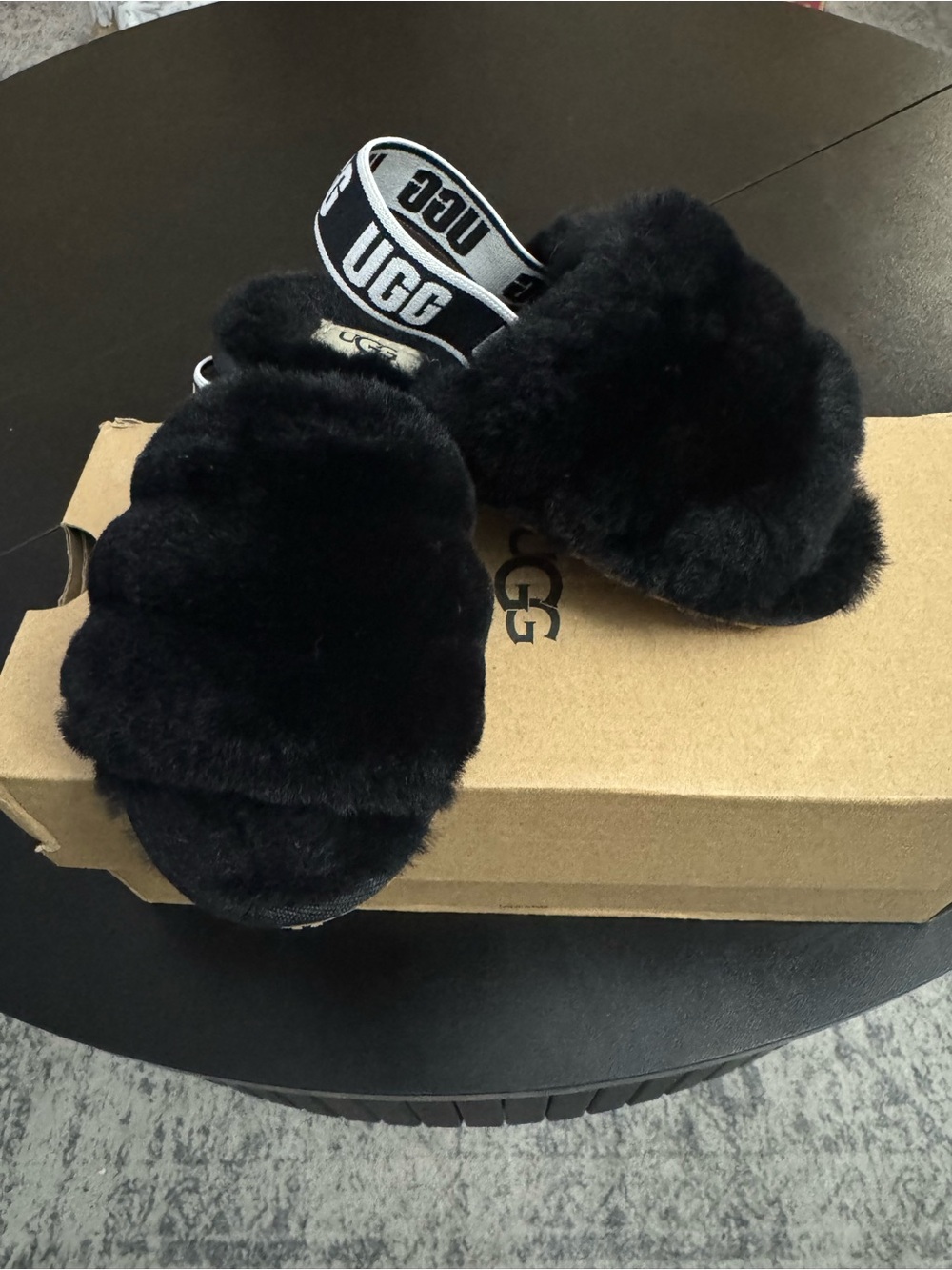 UGG Kids Black Fluff Slide with Branded Elastic Strap